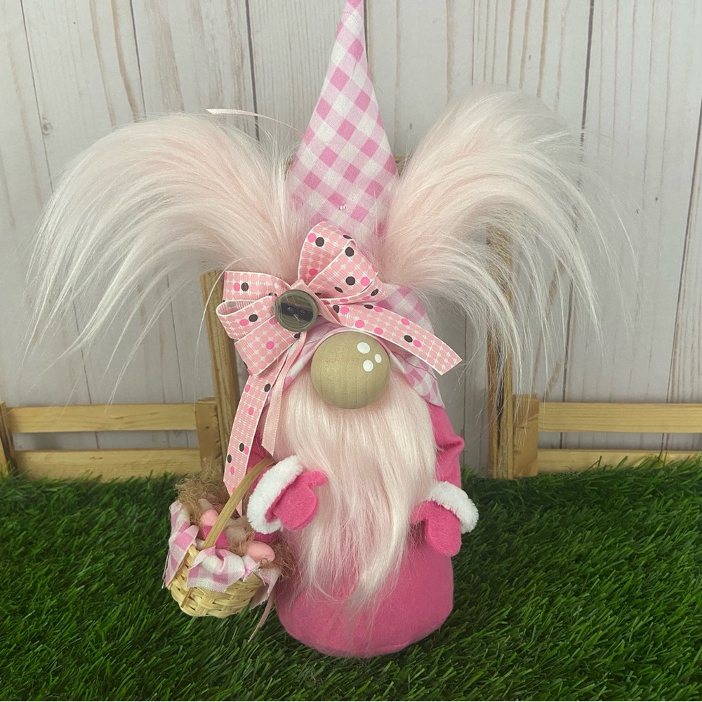 Pink Bunny Gnome Flannel Handmade Easter Decor Basket Eggs Faux Fur Gingham